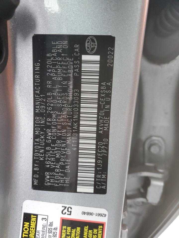 2022 TOYOTA CAMRY NIGHT SHADE VIN:4T1T31AK1NU033093