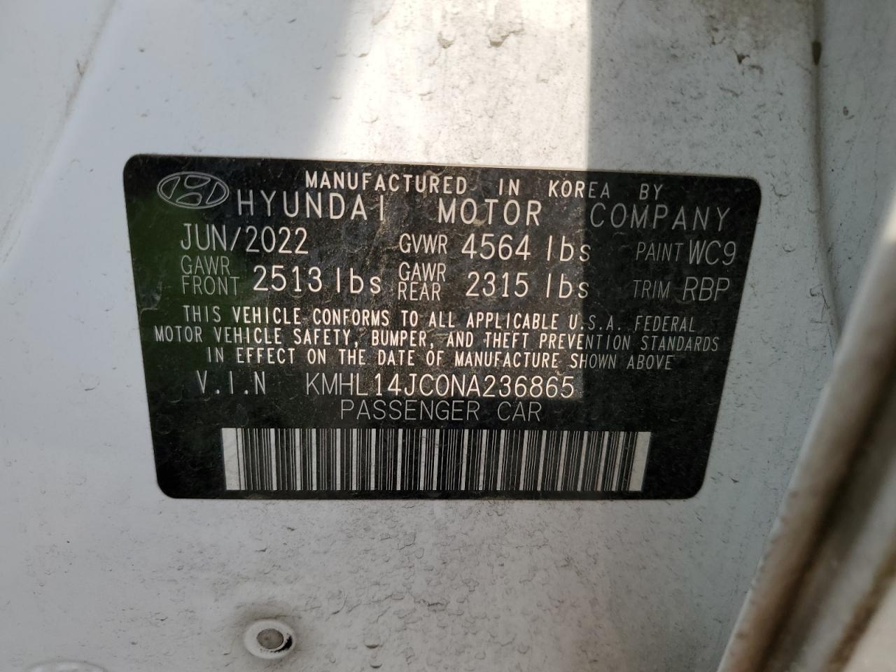 2022 HYUNDAI SONATA N LINE VIN:KMHL14JC0NA236865
