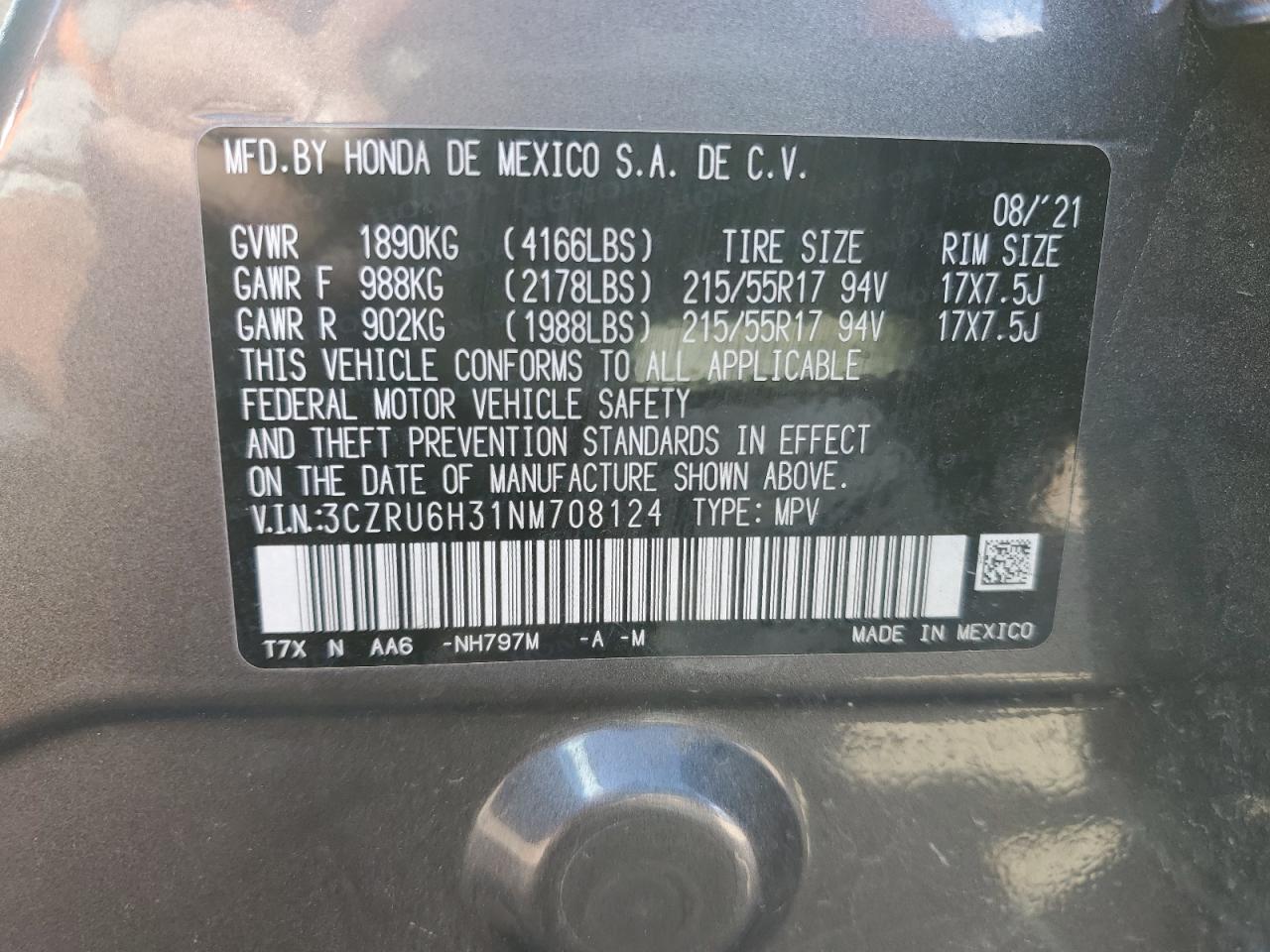 2022 HONDA HR-V LX VIN:3CZRU6H31NM708124