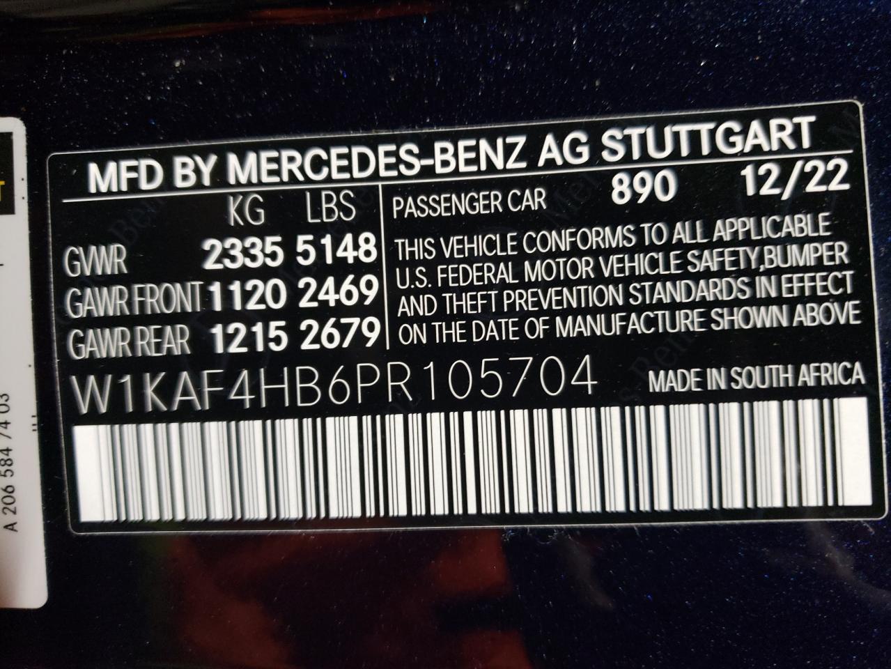 2023 MERCEDES-BENZ C 300 4MATIC VIN:W1KAF4HB6PR105704