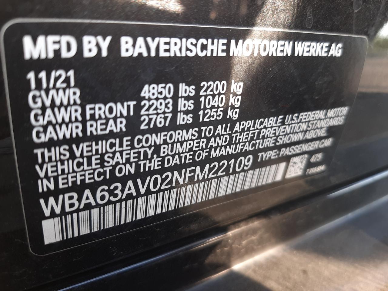 2022 BMW 430I GRAN COUPE VIN:WBA63AV02NFM22109