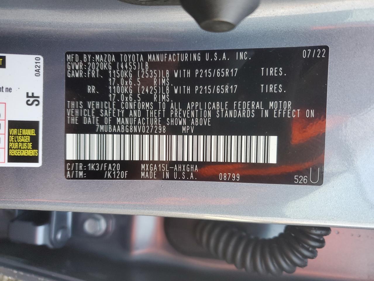 2022 TOYOTA COROLLA CROSS LE VIN:7MUBAABG8NV027298