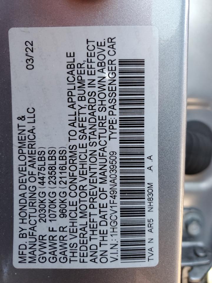 2022 HONDA ACCORD SPORT SE VIN:1HGCV1F49NA039509