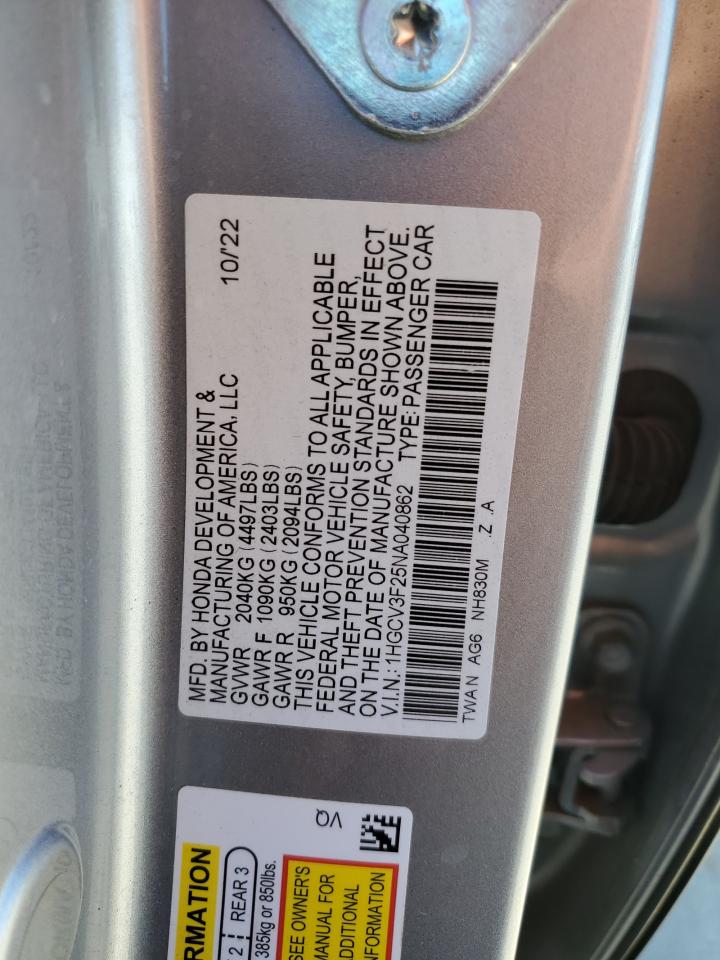2022 HONDA ACCORD HYBRID SPORT VIN:1HGCV3F25NA040862