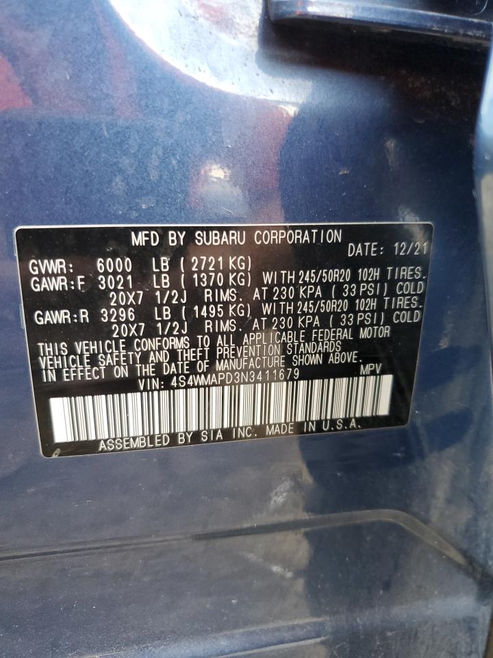 2022 SUBARU ASCENT LIMITED VIN:4S4WMAPD3N3411679