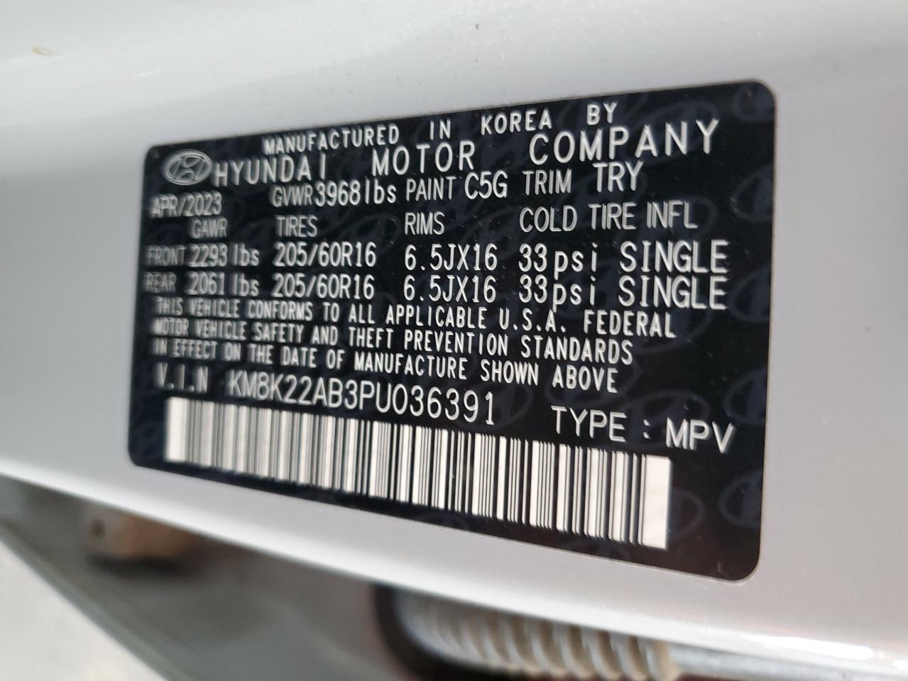 2023 HYUNDAI KONA SE VIN:KM8K22AB3PU036391