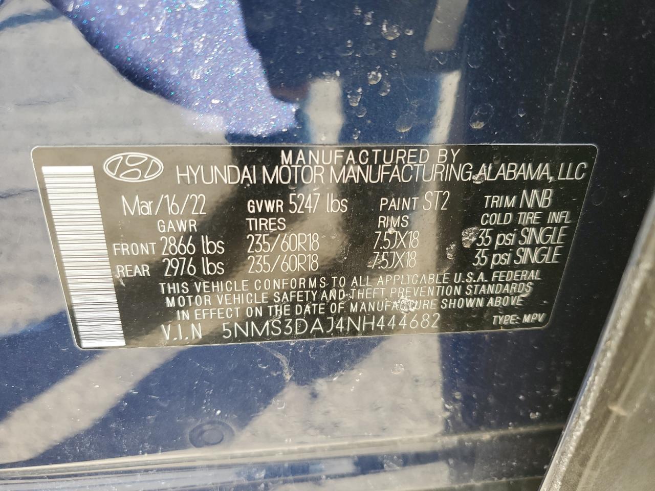 2022 HYUNDAI SANTA FE SEL VIN:5NMS3DAJ4NH444682