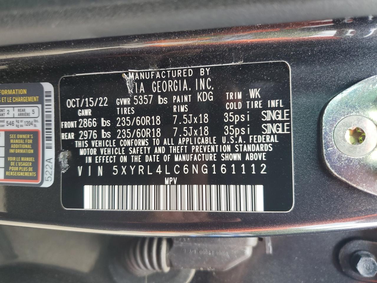 2022 KIA SORENTO S VIN:WP0AA2A8XNS255297
