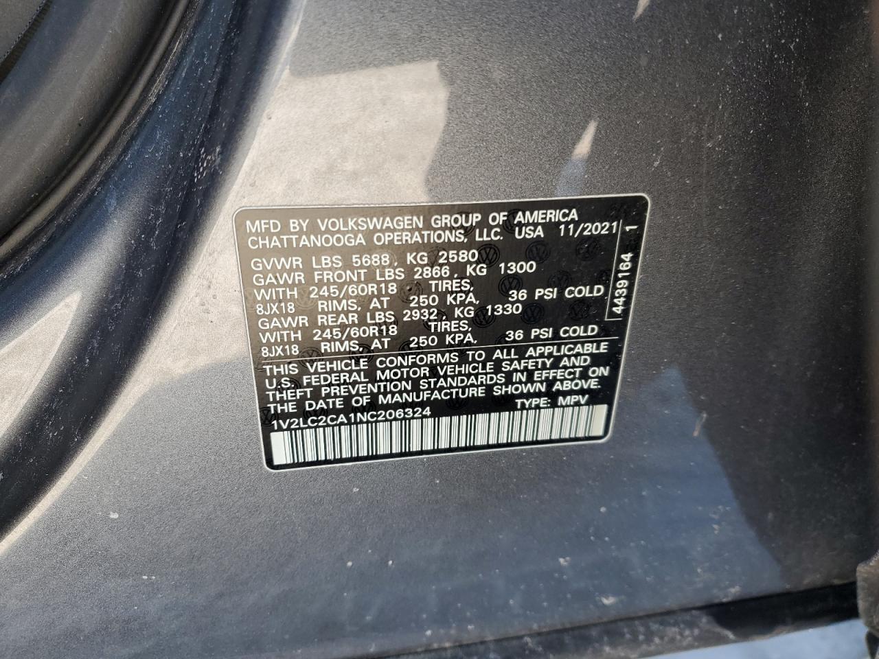 2022 VOLKSWAGEN ATLAS CROSS SPORT SE VIN:1V2LC2CA1NC206324