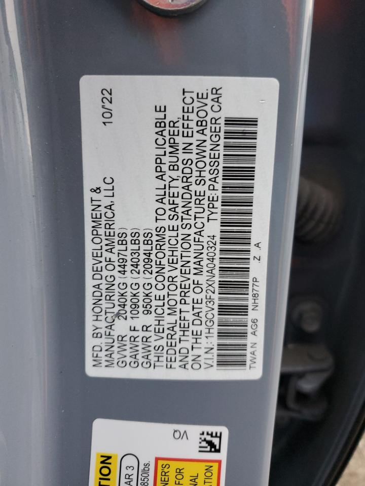 2022 HONDA ACCORD HYBRID SPORT VIN:1HGCV3F2XNA040324