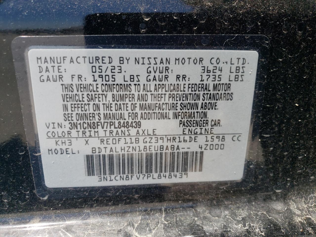 2023 NISSAN VERSA SR VIN:3N1CN8FV7PL848439