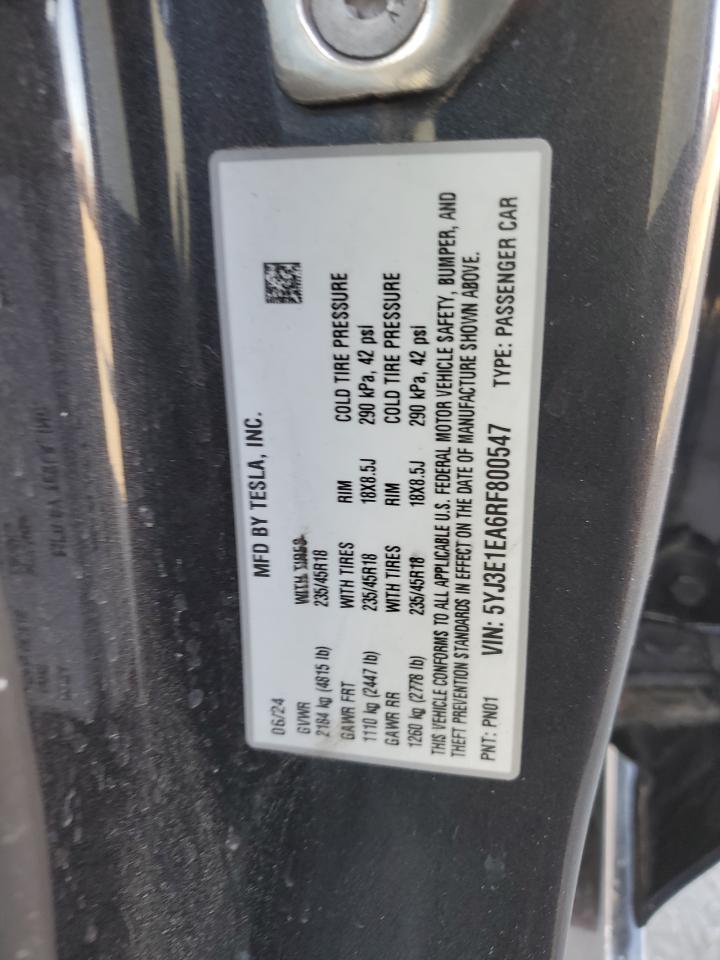 2024 TESLA MODEL 3  VIN:5YJ3E1EA6RF800547