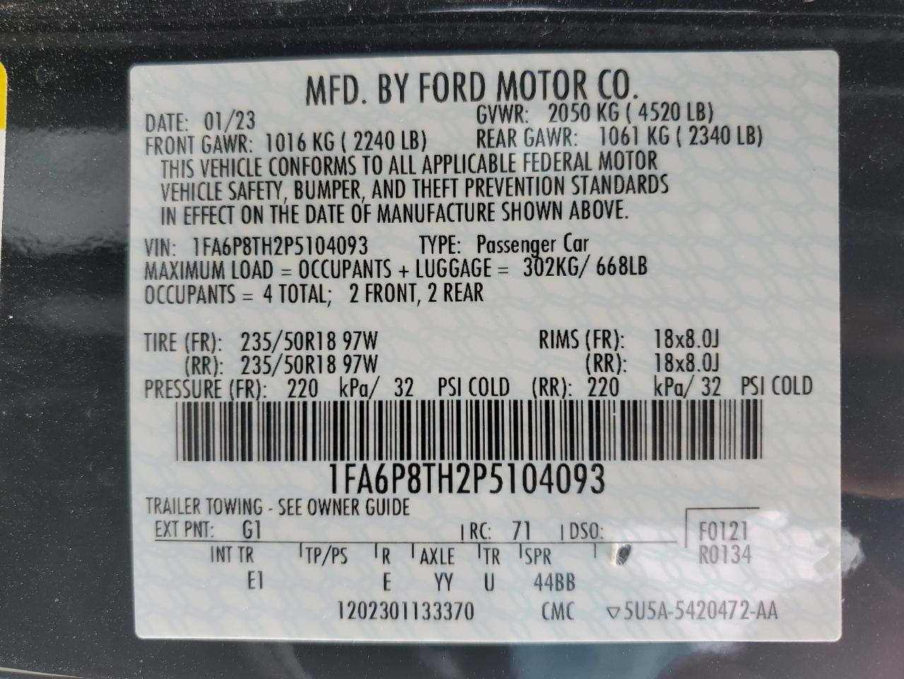 2023 FORD MUSTANG  VIN:1FA6P8TH2P5104093