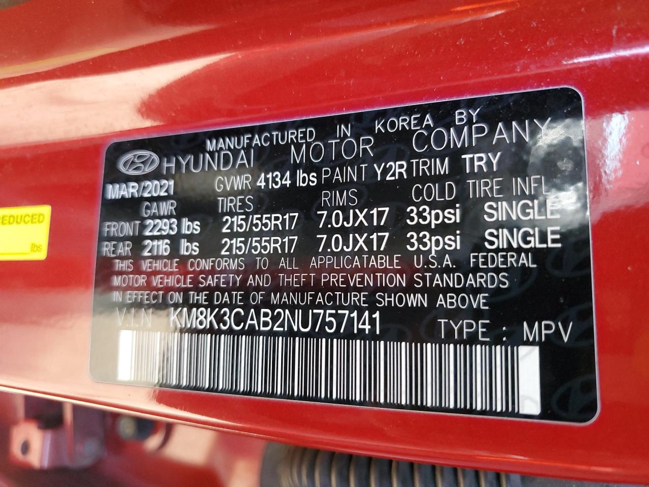 2022 HYUNDAI KONA SEL VIN:KM8K3CAB2NU757141