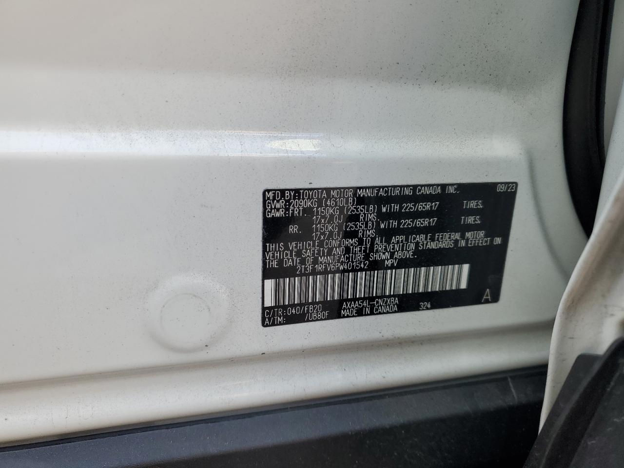 2023 TOYOTA RAV4 LE VIN:2T3F1RFV6PW401542