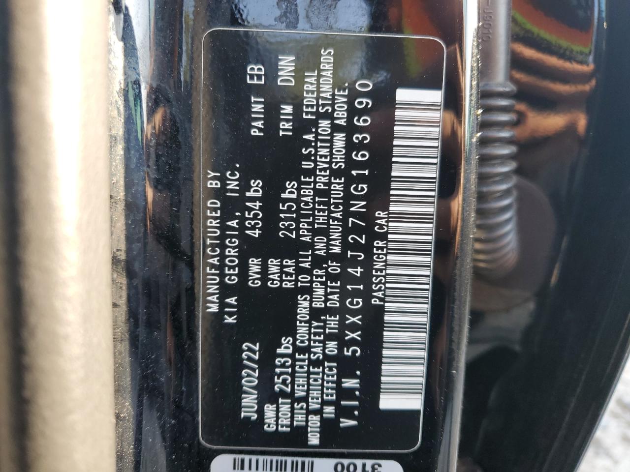 2022 KIA K5 LXS VIN:5XXG14J27NG163690