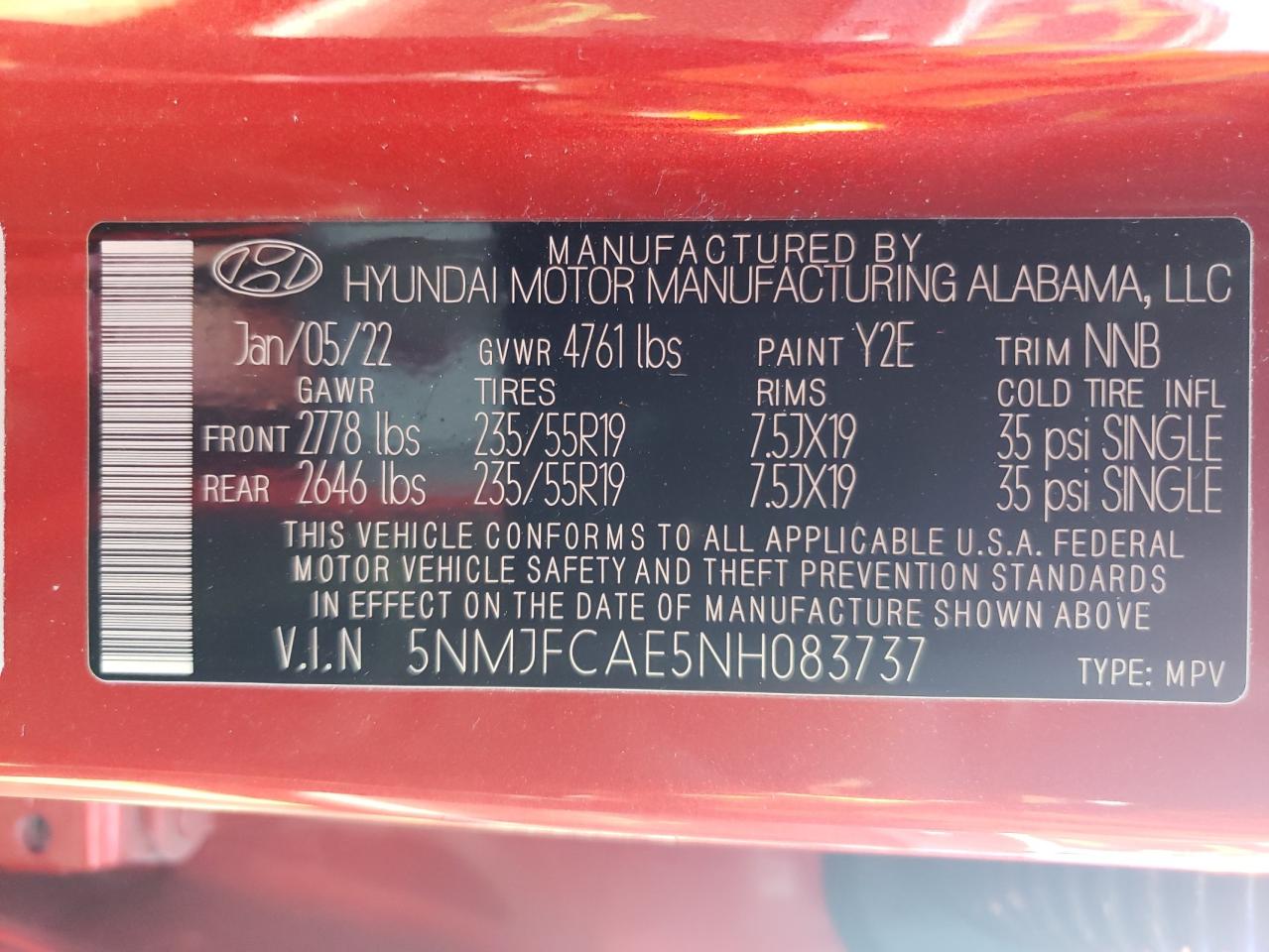 2022 HYUNDAI TUCSON SEL VIN:5NMJFCAE5NH083737