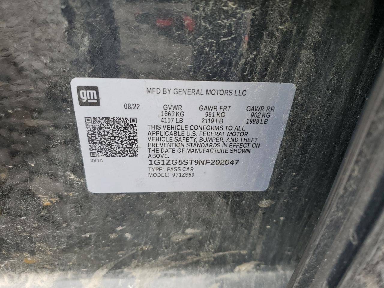 2022 CHEVROLET MALIBU RS VIN:1G1ZG5ST9NF202047