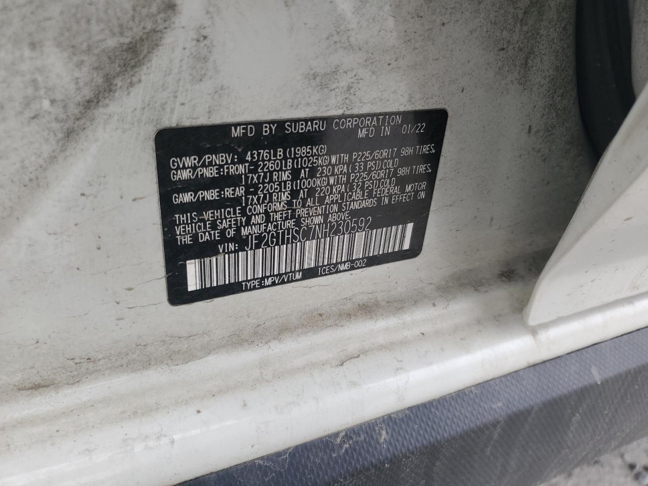 2022 SUBARU CROSSTREK SPORT VIN:JF2GTHSC7NH230592