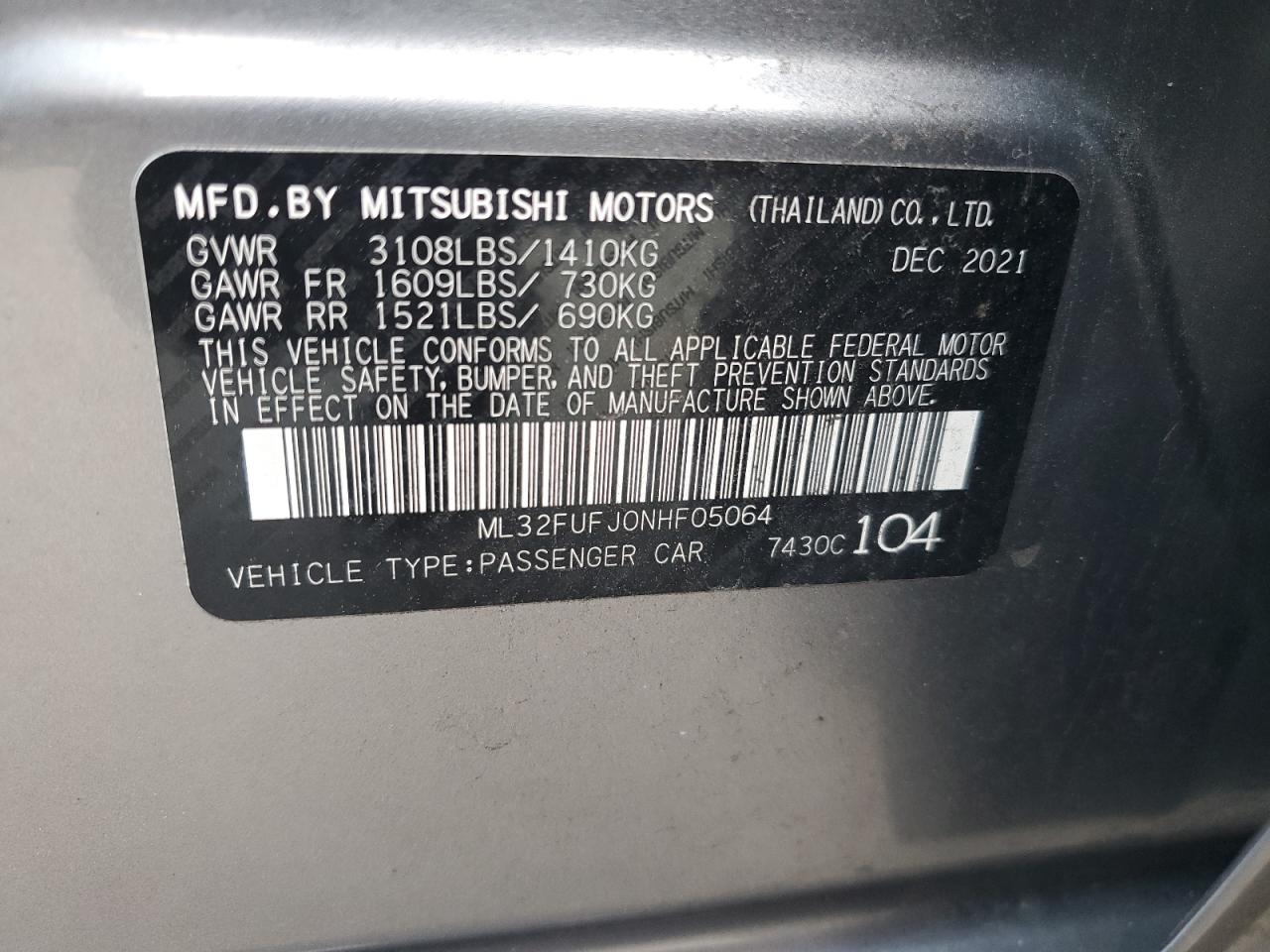 2022 MITSUBISHI MIRAGE G4 ES VIN:ML32FUFJ0NHF05064