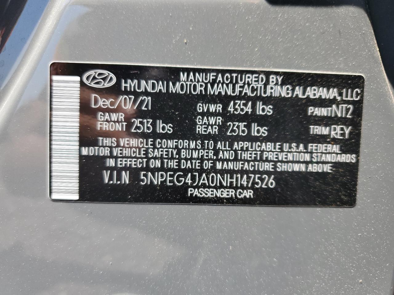 2022 HYUNDAI SONATA SE VIN:5NPEG4JA0NH147526