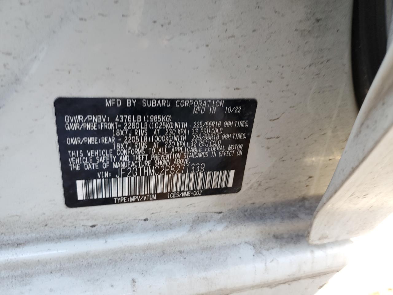 2023 SUBARU CROSSTREK LIMITED VIN:JF2GTHMC2P8271339