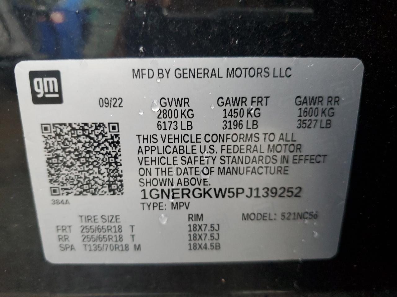 2023 CHEVROLET TRAVERSE LT VIN:1GNERGKW5PJ139252