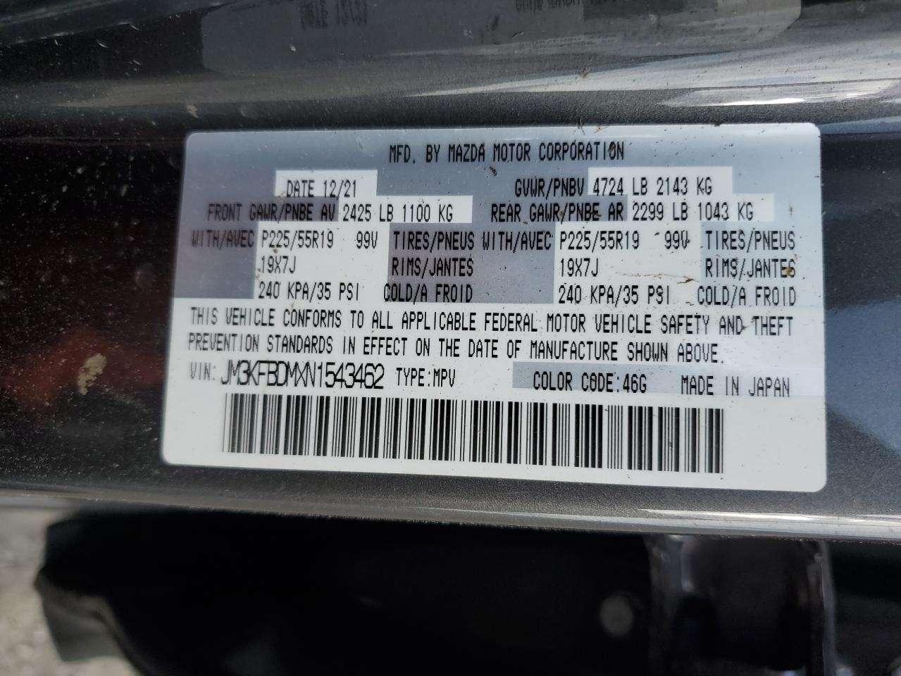 2022 MAZDA CX-5 PREMIUM VIN:JM3KFBDMXN1543462