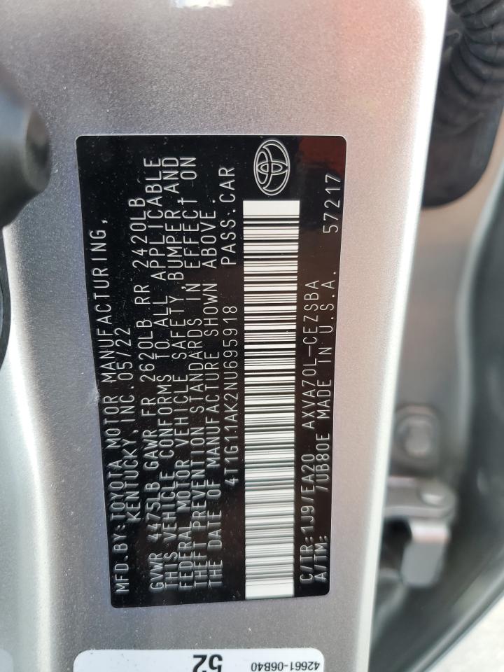 2022 TOYOTA CAMRY SE VIN:4T1G11AK2NU695918