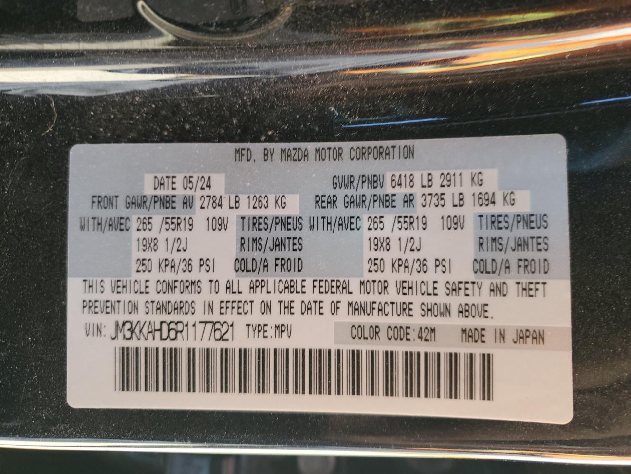 2024 MAZDA CX-90 SELECT VIN:JM3KKAHD6R1177621