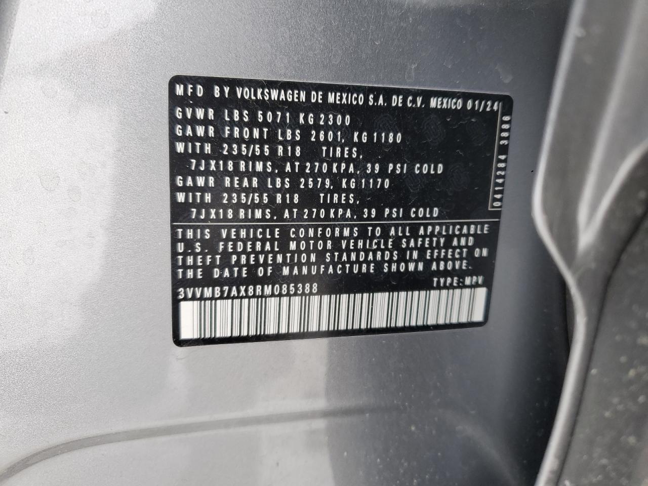 2024 VOLKSWAGEN TIGUAN SE VIN:3VVMB7AX8RM085388