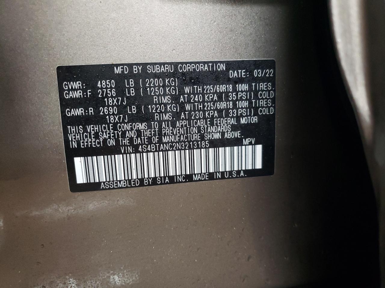 2022 SUBARU OUTBACK LIMITED VIN:4S4BTANC2N3213185