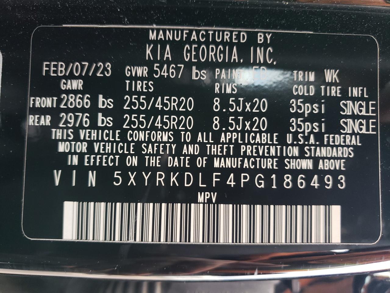 2023 KIA SORENTO SX VIN:5XYRKDLF4PG186493