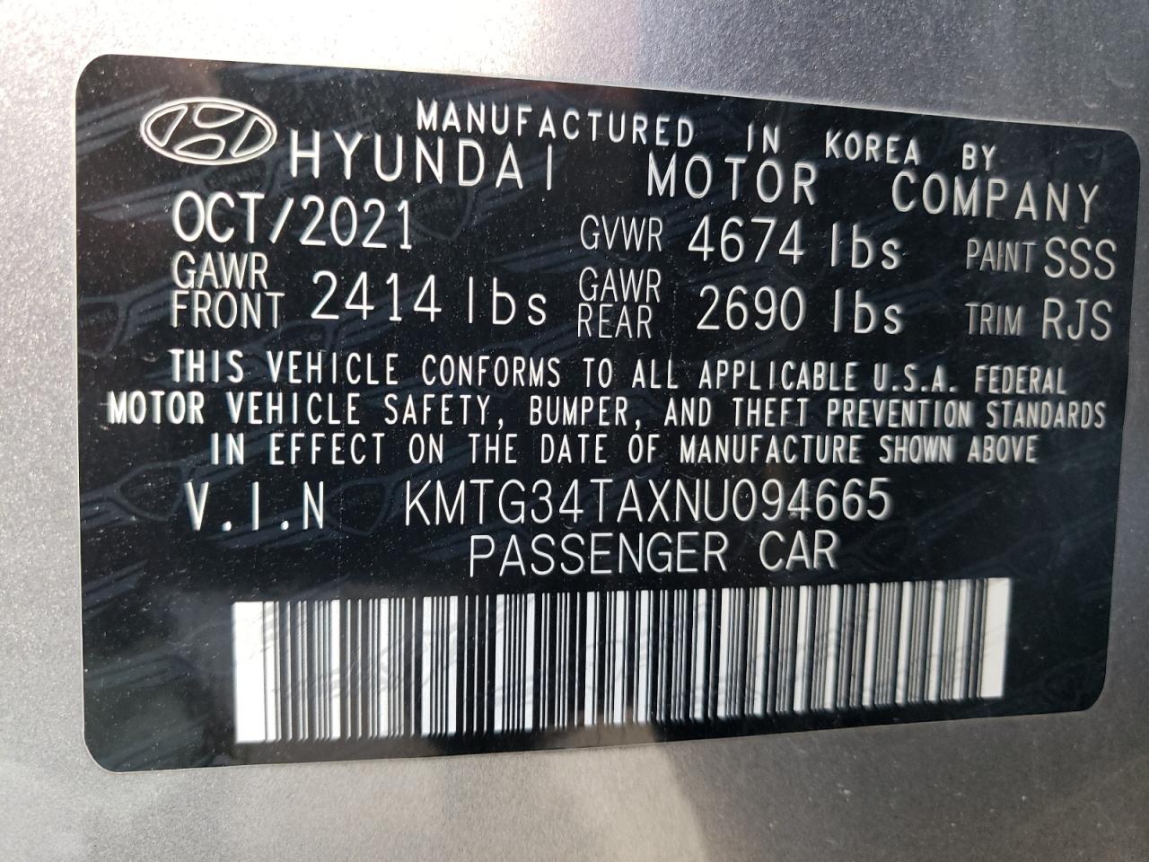 2022 GENESIS G70 BASE VIN:KMTG34TAXNU094665