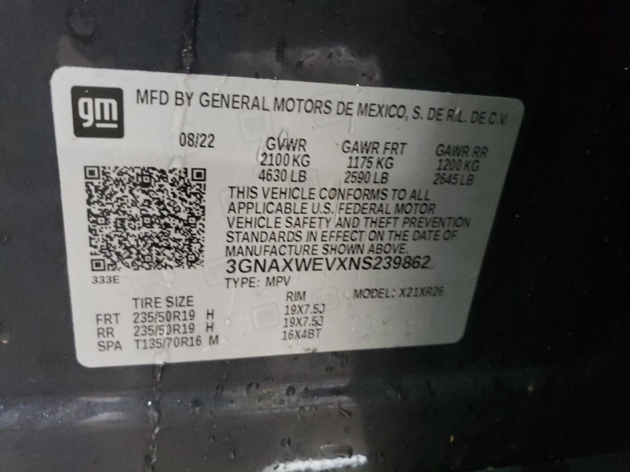 2022 CHEVROLET EQUINOX RS VIN:3GNAXWEVXNS239862