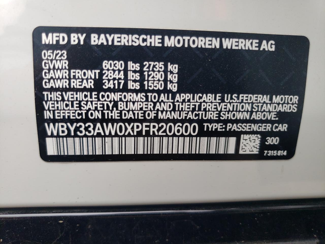 2023 BMW I4 M50 VIN:WBY33AW0XPFR20600