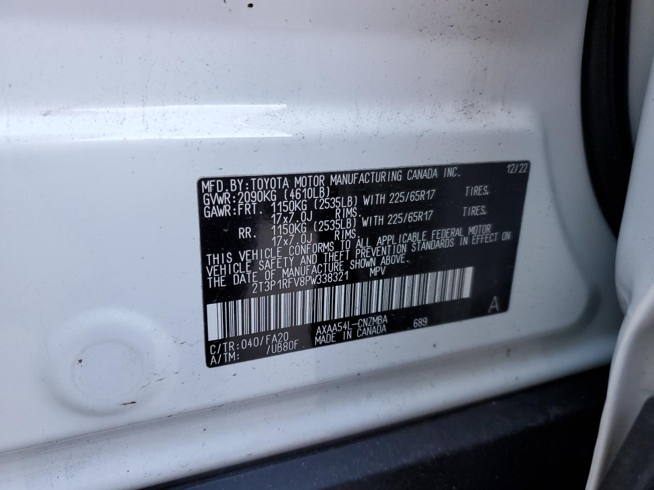 2023 TOYOTA RAV4 XLE VIN:2T3P1RFV8PW338321