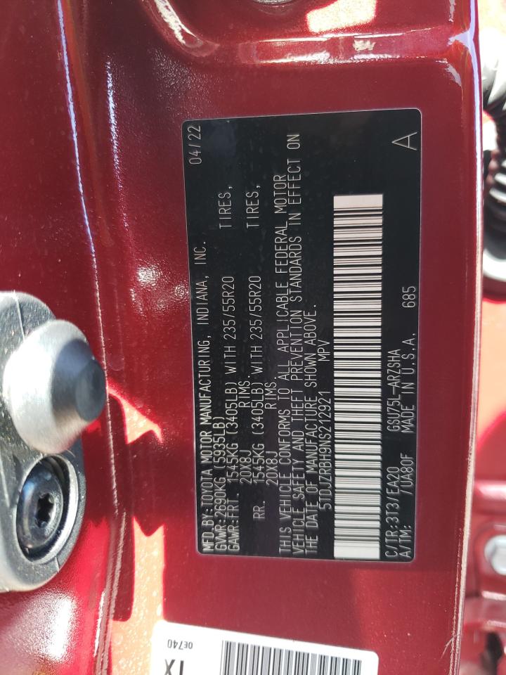 2022 TOYOTA HIGHLANDER XSE VIN:5TDJZRBH9NS212921