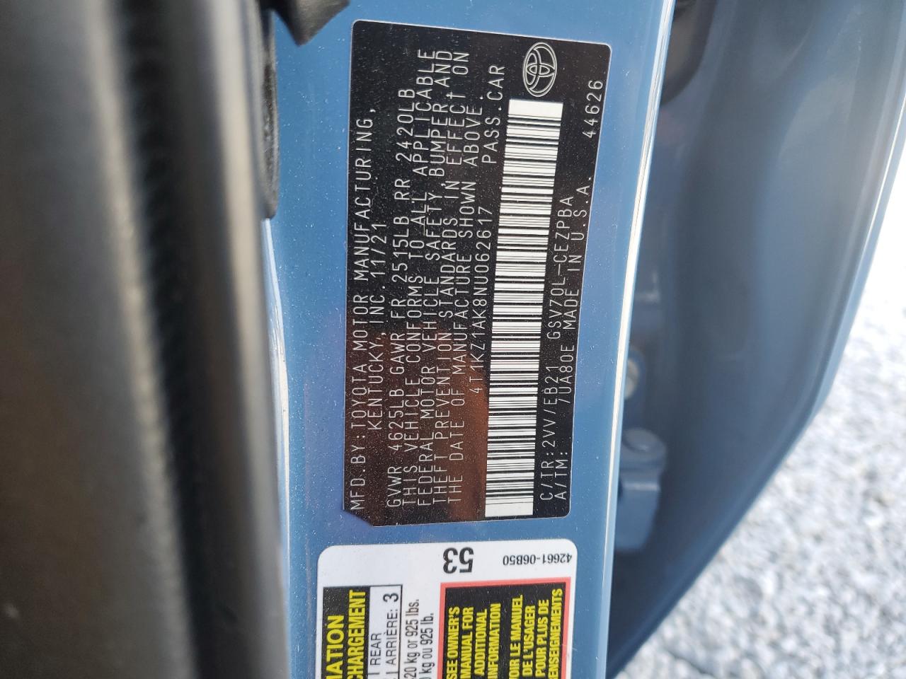 2022 TOYOTA CAMRY TRD VIN:4T1KZ1AK8NU062617