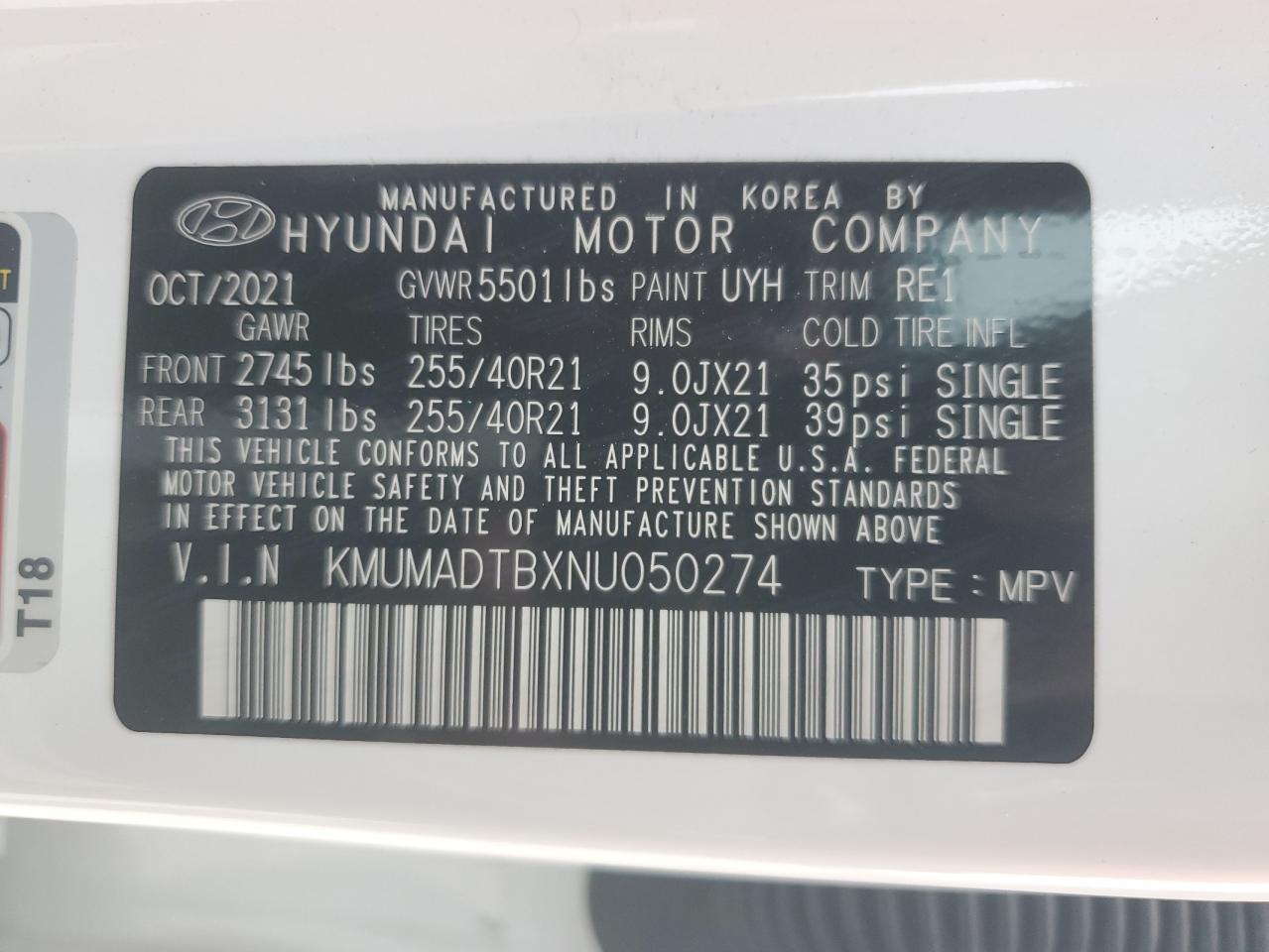 2022 GENESIS GV70 BASE VIN:KMUMADTBXNU050274