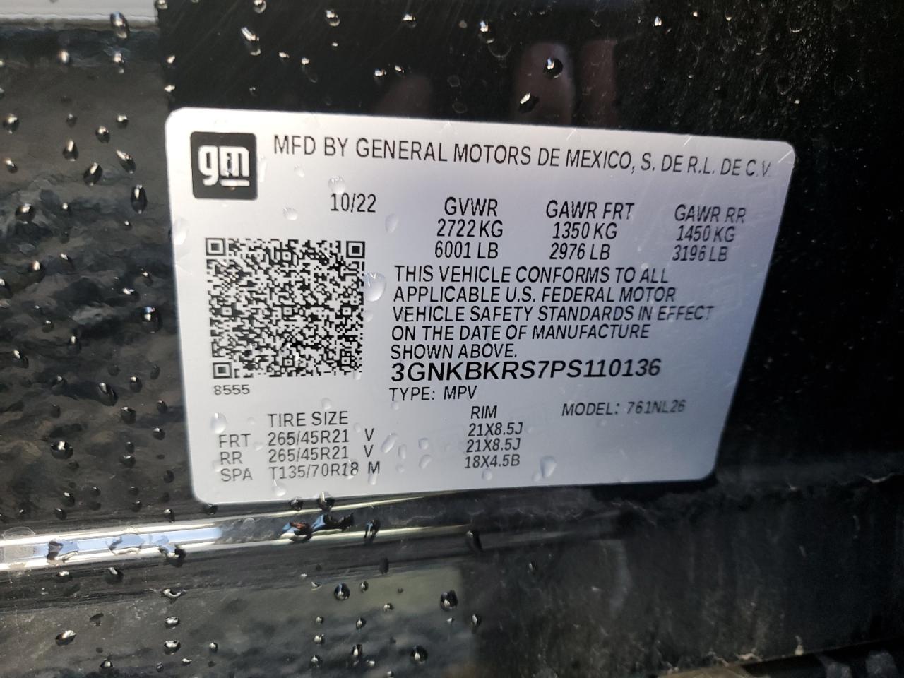 2023 CHEVROLET BLAZER RS VIN:3GNKBKRS7PS110136