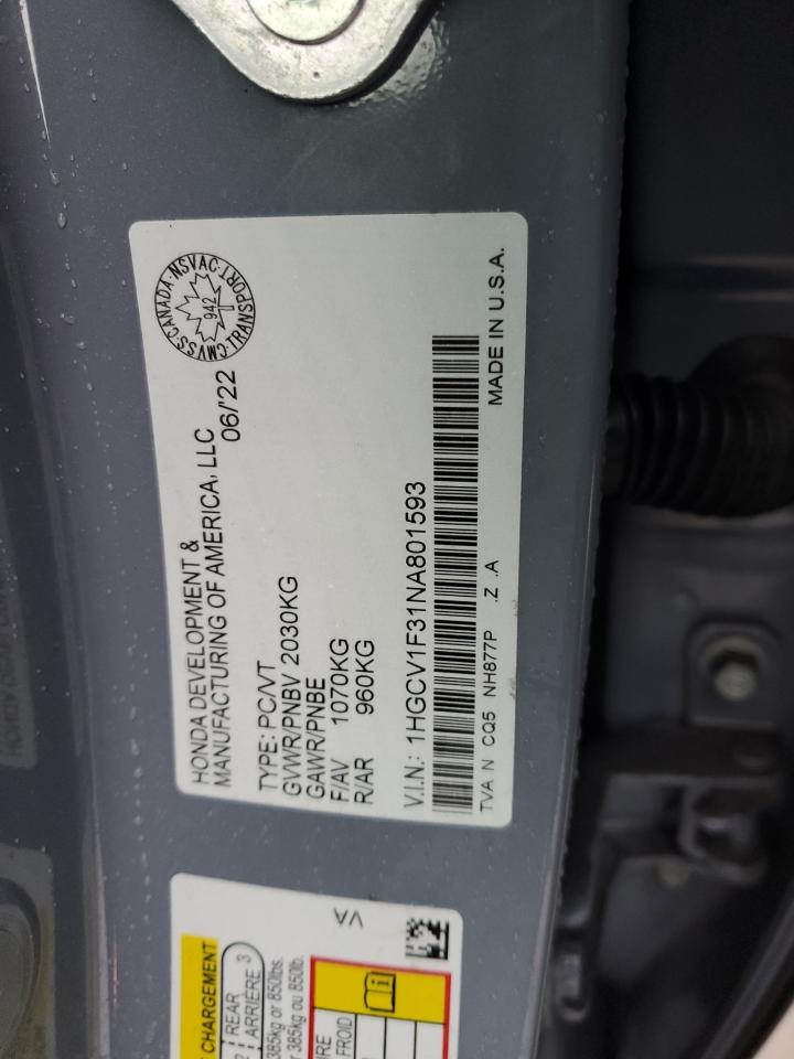 2022 HONDA ACCORD SPORT VIN:1HGCV1F31NA801593