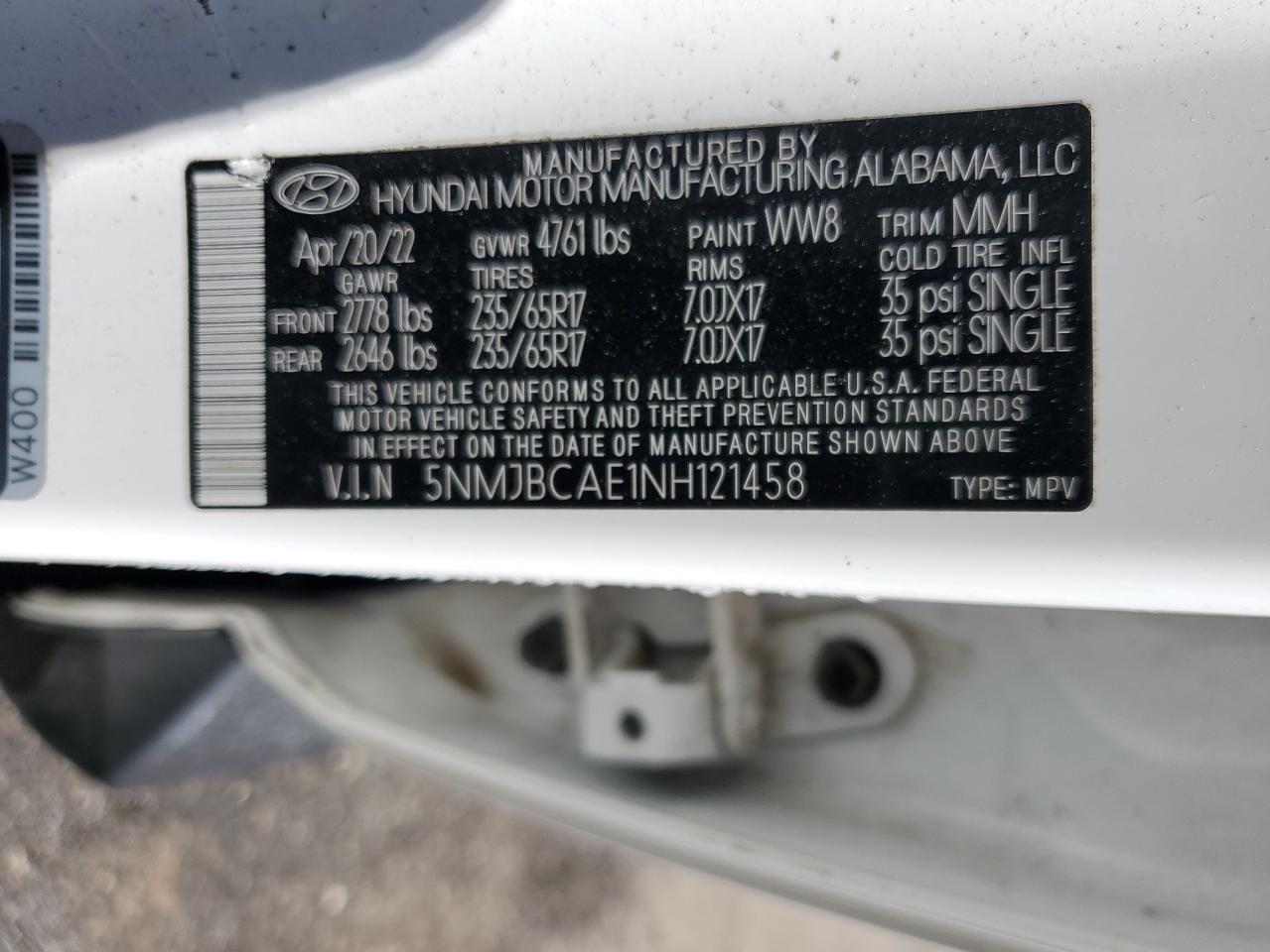 2022 HYUNDAI TUCSON SEL VIN:5NMJBCAE1NH121458