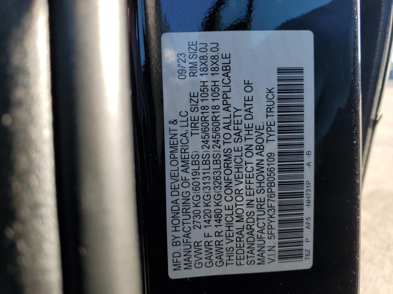 2023 HONDA RIDGELINE RTL-E VIN:5FPYK3F76PB056109