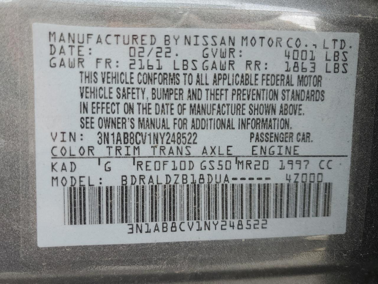 2022 NISSAN SENTRA SV VIN:3N1AB8CV1NY248522