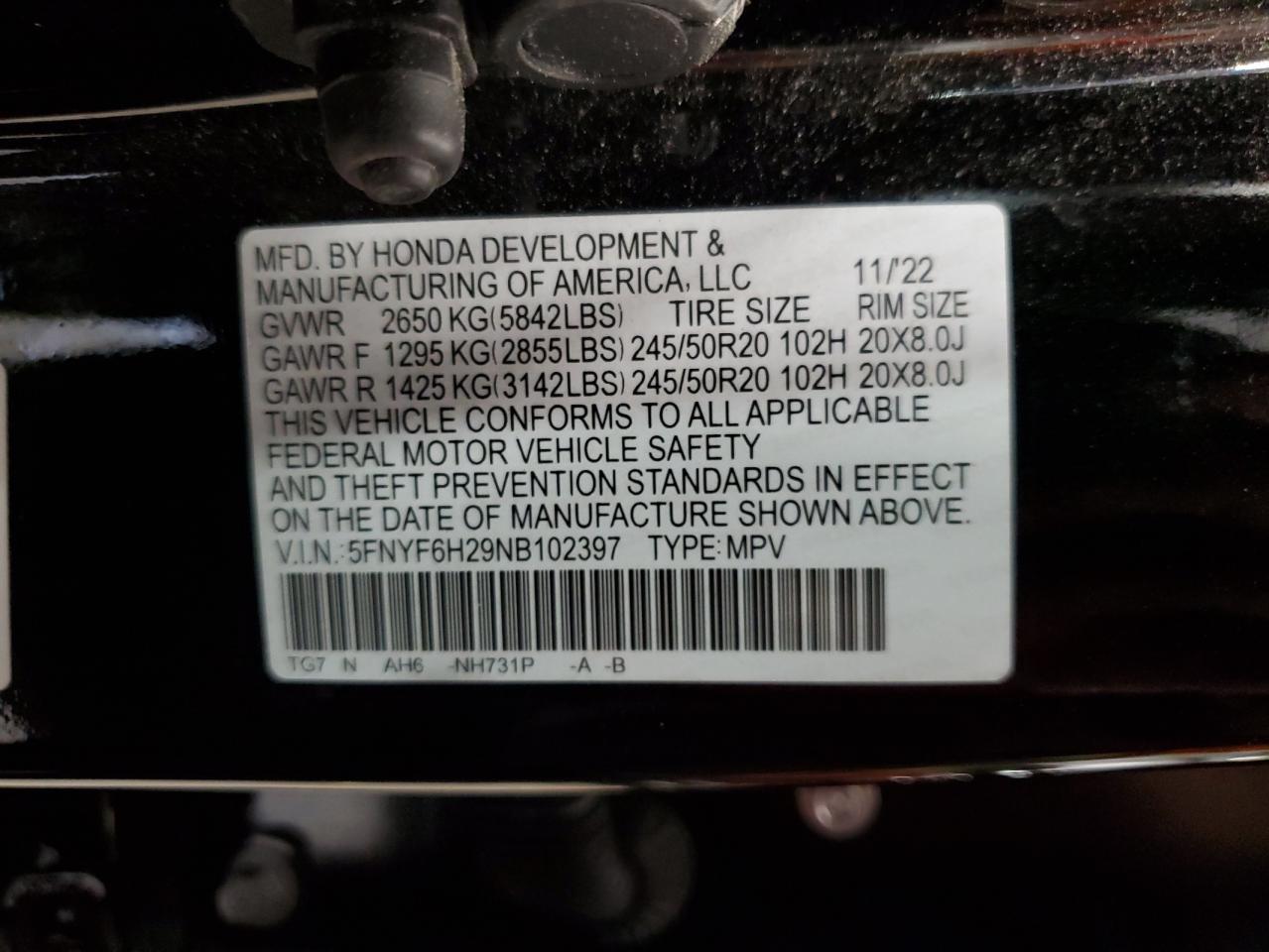 2022 HONDA PILOT SE VIN:5FNYF6H29NB102397