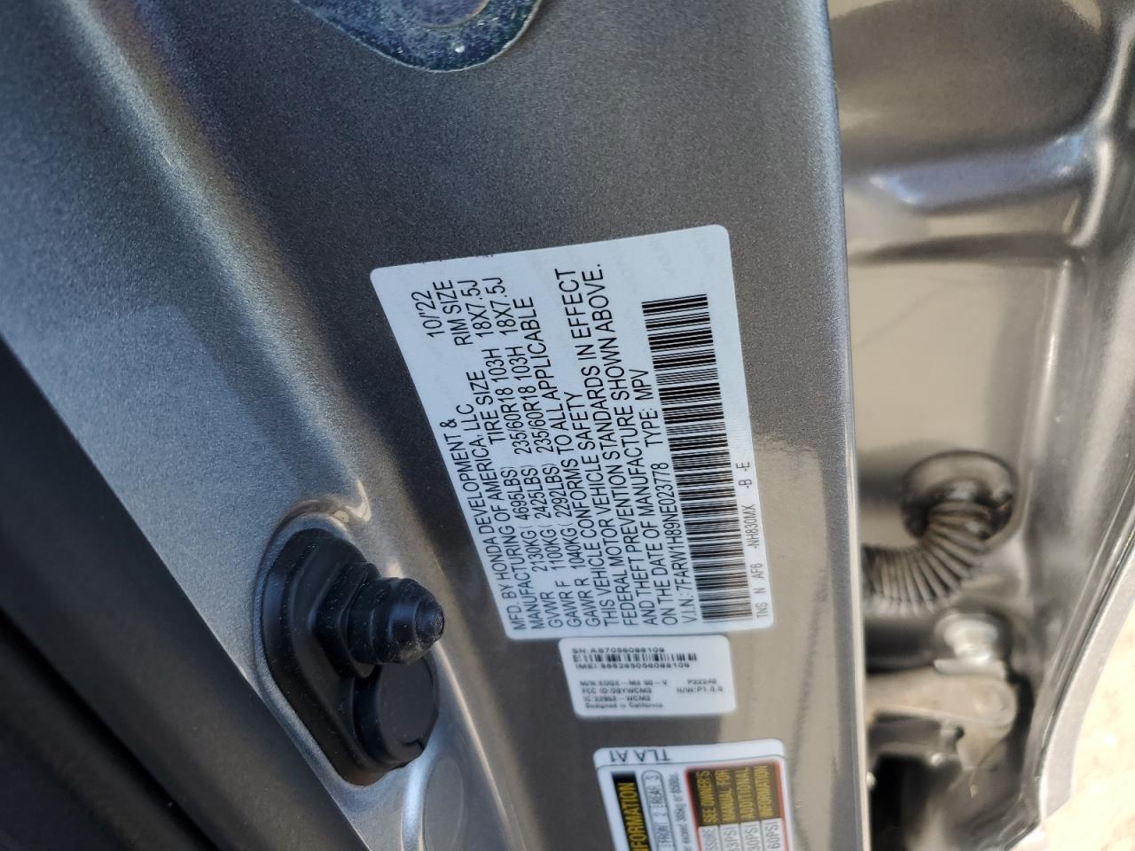 2022 HONDA CR-V EXL VIN:7FARW1H89NE023778