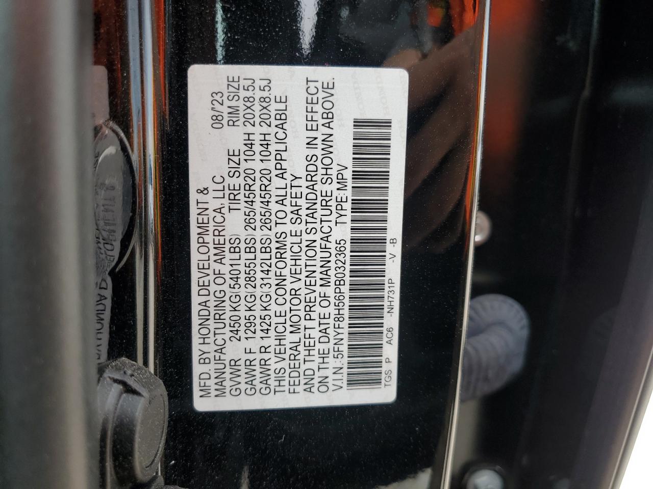 2023 HONDA PASSPORT EXL VIN:5FNYF8H56PB032365