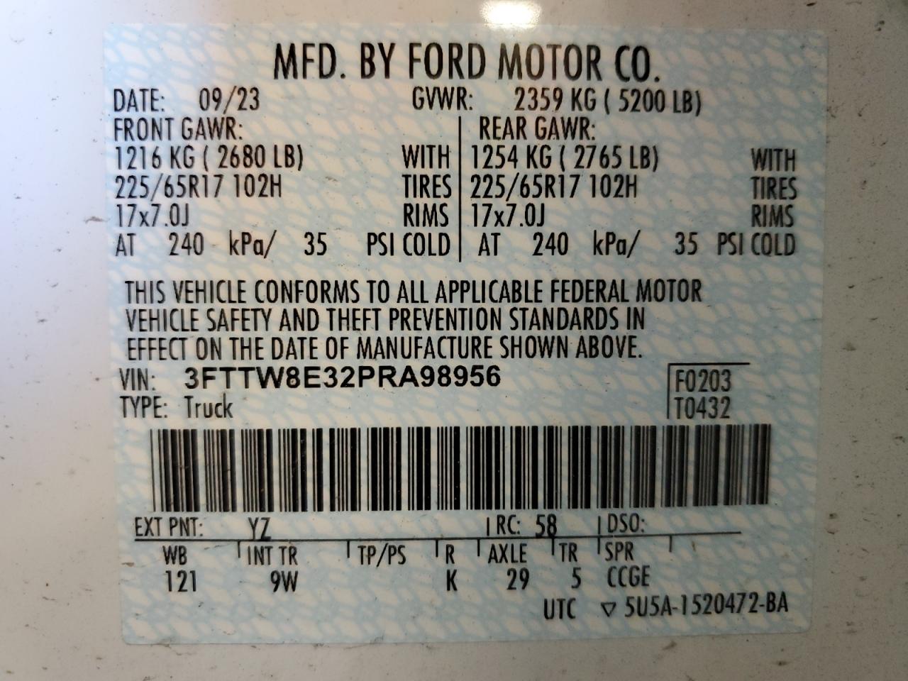 2023 FORD MAVERICK XL VIN:3FTTW8E32PRA98956
