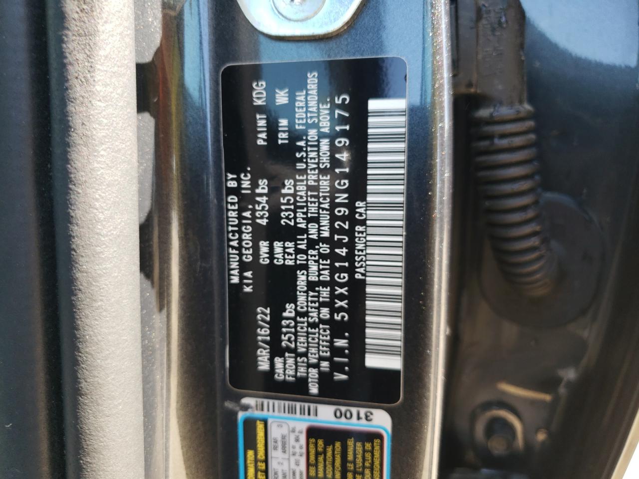 2022 KIA K5 LXS VIN:5XXG14J29NG149175